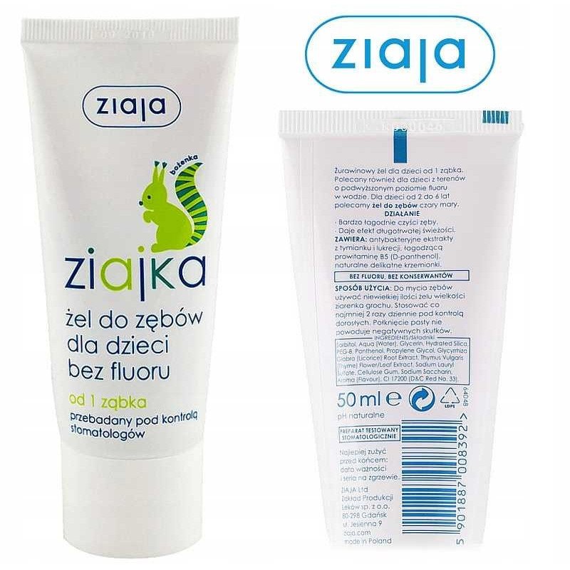 Ziaja, Ziajka, Żel do zębów bez fluoru dla dzieci, 50ml