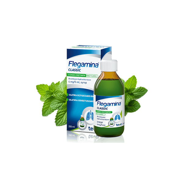 Flegamina Classic – syrop wykrztuśny o smaku miętowym, bez cukru 120 ml