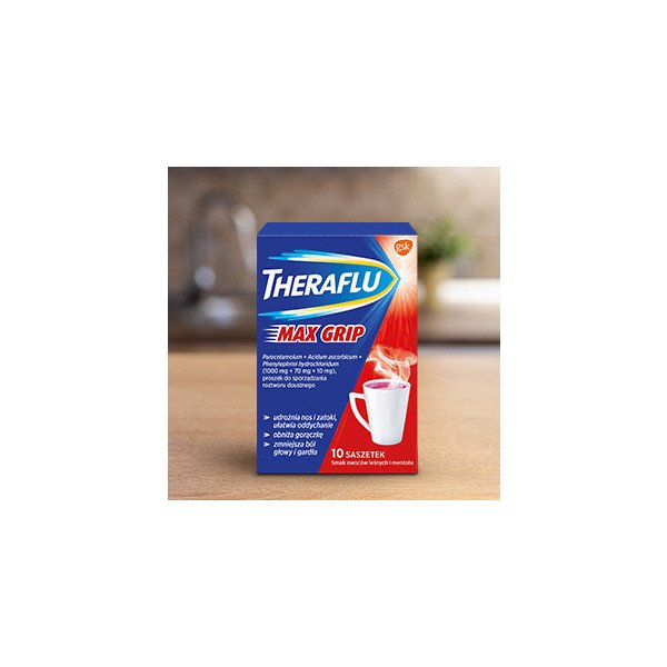 Theraflu Max Grip, smak owoców jagodowych i mentolu, 10 saszetek