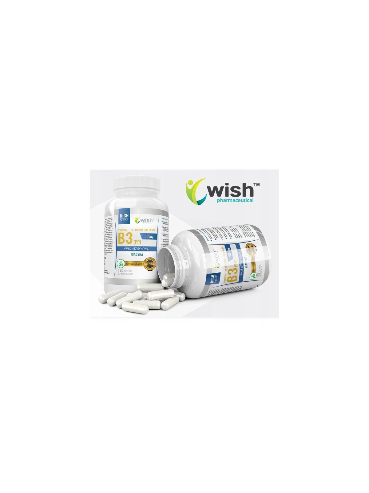 Niacyna Witamina B3 (PP) 50mg + Inulina, 120 kapsułek