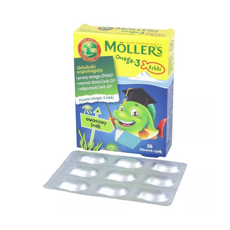 MOLLERS Omega-3 żelki rybki o smaku owocowy z witaminą D. DHA i EPA