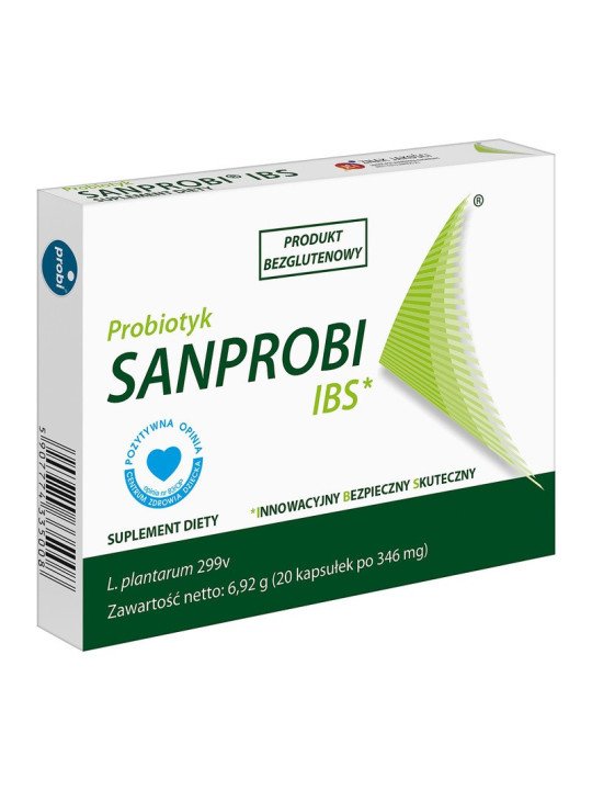 SANPROBI IBS, results in a reduction of abdominal pain, bloating, and normalization of bowel movements, 20 capsules